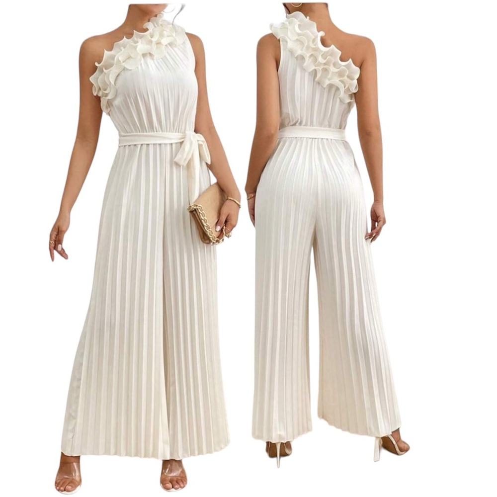 Apricot Pleated Asymmetrical Neckline Sleeveless Jumpsuit